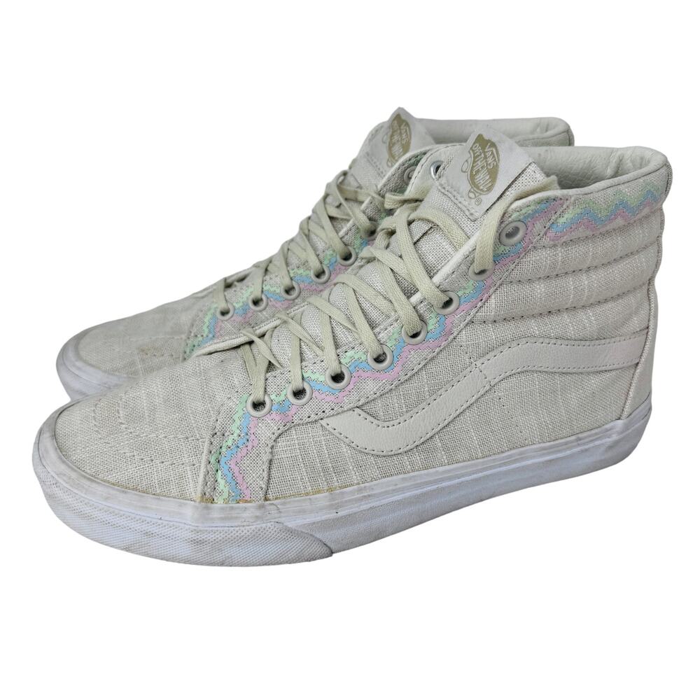 Vans Sk8 Hi High Top Sneakers Cream Canvas Pastel Zig Zag Trim Womens 9.5 Mens 8
